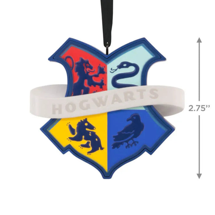 Hogwarts crest with lion, snake, and other symbols, with product measurements  on a white background