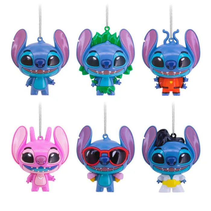 Includes one of six colorful Stitch ornaments at random  on a white background