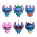 Includes one of six colorful Stitch ornaments at random  on a white background