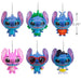 Includes one of six colorful Stitch figurines with different poses and accessories on a white background.