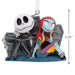  Disney Decorative Jack and Sally ornament the skeleton couple sitting together by tombstones  with dimensions indicated on a white background. 