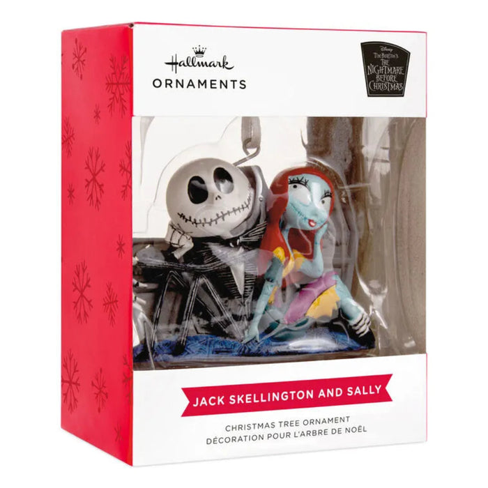 Hallmark Christmas ornament packaging featuring Jack Skellington and Sally from 'The Nightmare Before Christmas'.