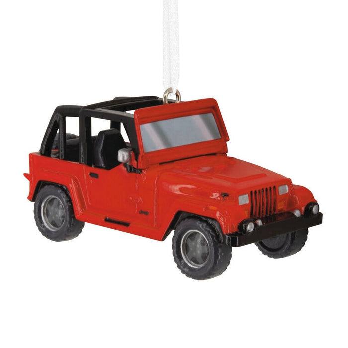 Red Jeep Wrangler Christmas ornament on a white background