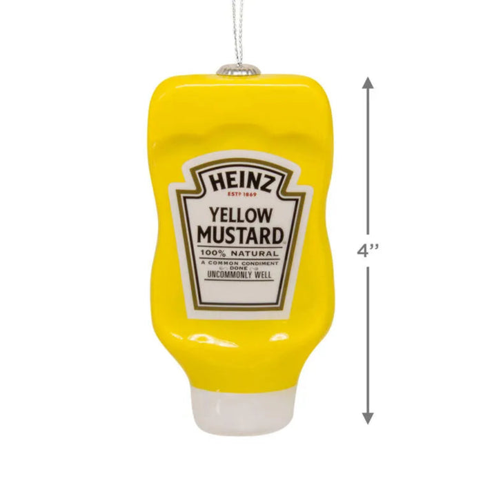 Heinz Yellow Mustard bottle-shaped ornament with label and dimensions on a white background