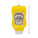 Heinz Yellow Mustard bottle-shaped ornament with label and dimensions on a white background