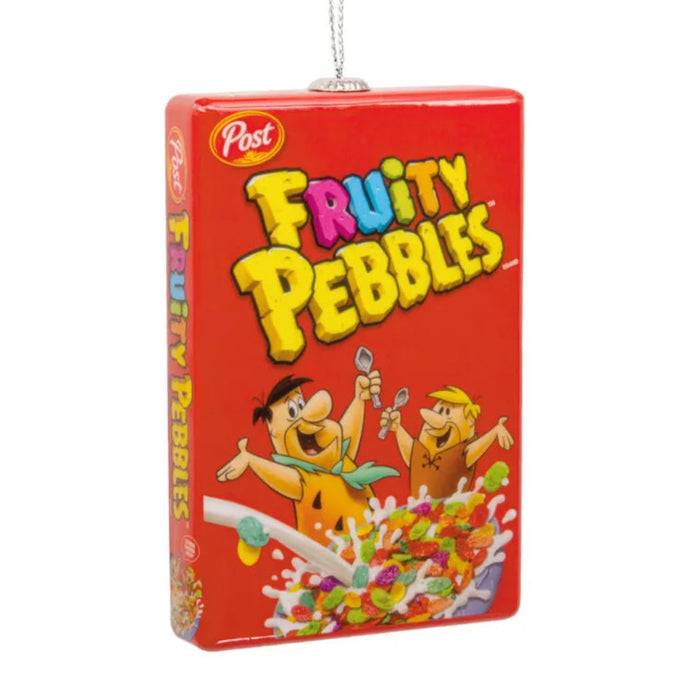 Fruity Pebbles cereal box ornament with cartoon characters on a white background