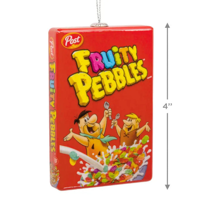 Fruity Pebbles cereal box ornament with cartoon characters with product dimensions  on a white background