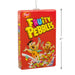 Fruity Pebbles cereal box ornament with cartoon characters with product dimensions  on a white background