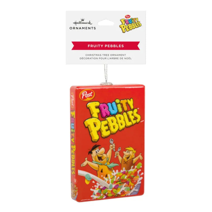 Fruity Pebbles cereal box Christmas tree ornament  with Hallmark tag on a white background