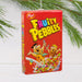 Fruity Pebbles cereal box ornament with cartoon characters on a white background