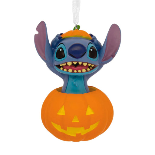 Hallmark Disney Stitch in Jack-o'-Lantern Ornament featuring Stitch inside a festive pumpkin design for playful Halloween décor.