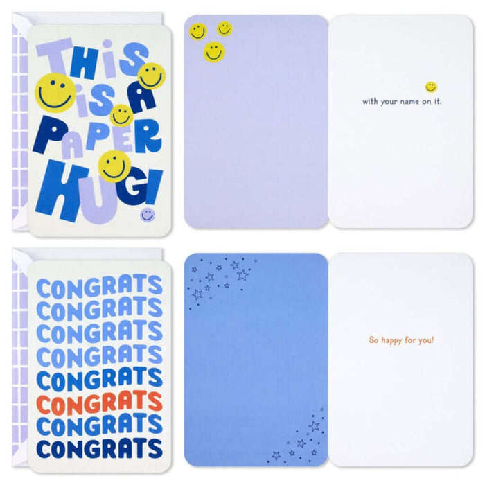 Set of greeting cards with various designs and text on a white background