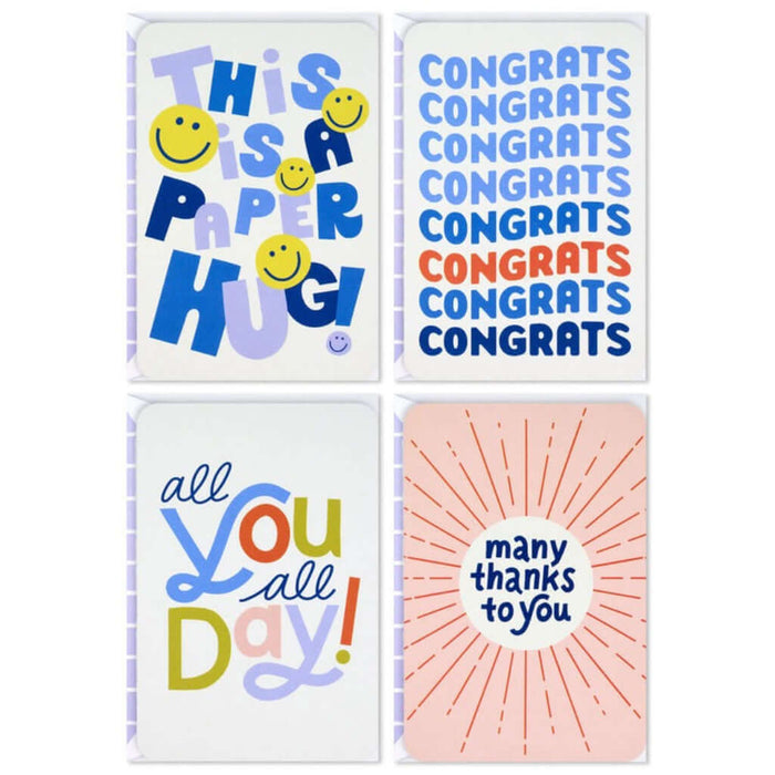 Set of four colorful greeting cards with text and smiley faces on a white background