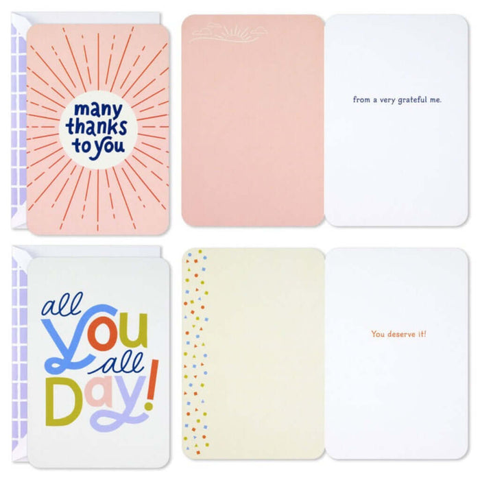 Set of greeting cards with various messages on a white background