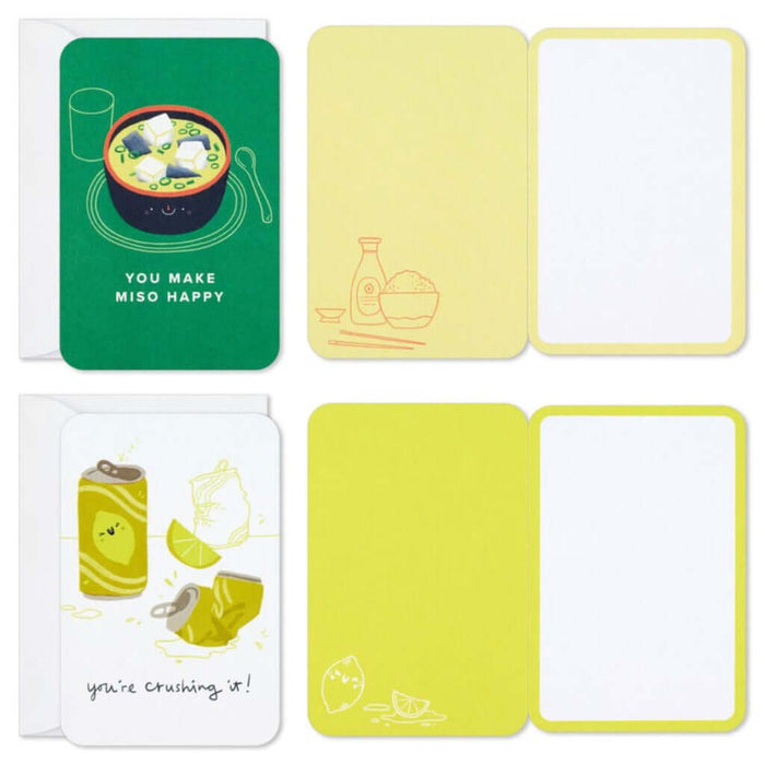 Two mini cards- one with miso soup and the the other with lime soda - with colorful illustrations and text on a white background. 