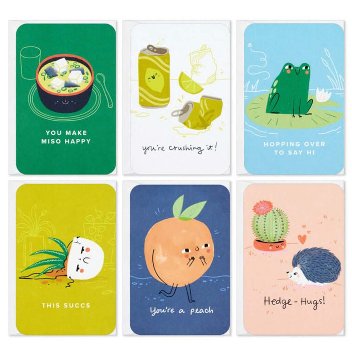 Set of six colorful mini cards with cartoon illustrations and text on a white background