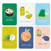 Set of six colorful mini cards with cartoon illustrations and text on a white background