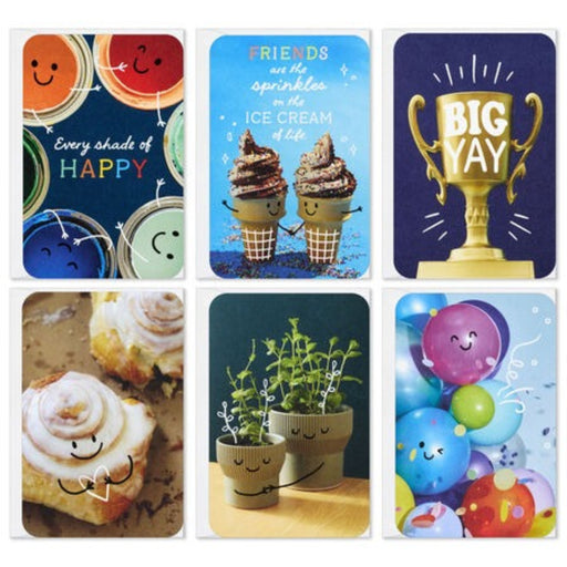 Collection of colorful greeting cards with various designs and text.