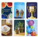 Collection of colorful greeting cards with various designs and text.