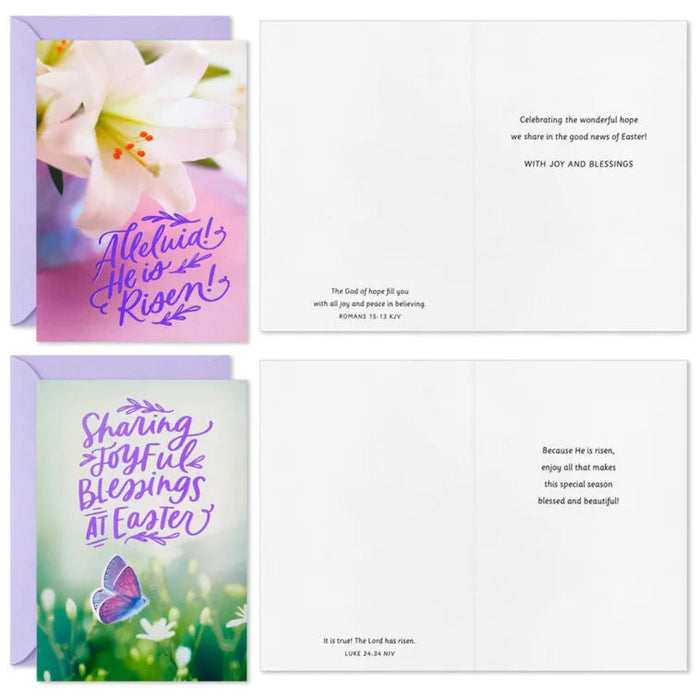 Three Easter greeting cards with floral, butterfly, and text designs.