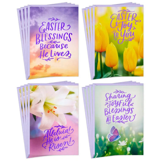 Set of Easter-themed greeting cards with colorful designs and text.
