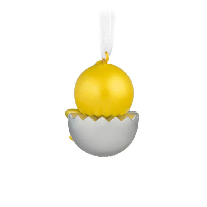 Yellow easter chick inside a gray shell  ornament on a white background