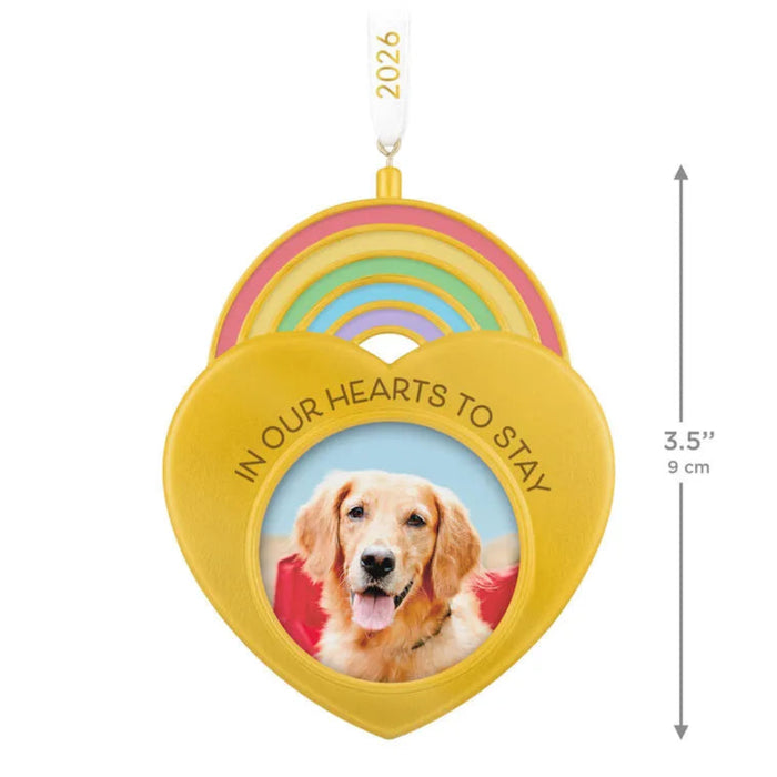 Heart-shaped ornament with a dog photo and rainbow design, featuring text 'In Our Hearts to Stay' on a white background.
