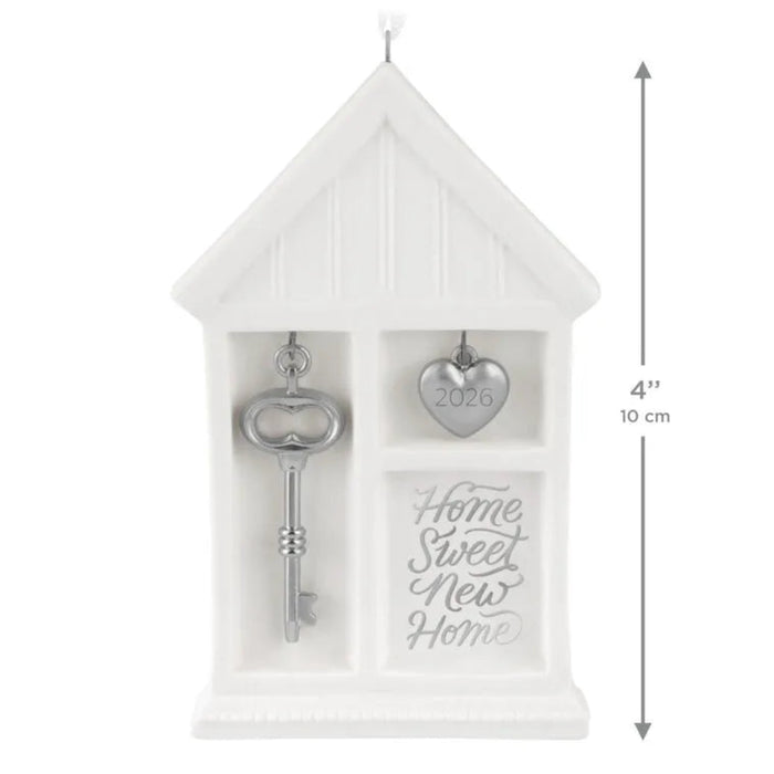 White decorative box with key and heart-shaped tag, labeled 'Home Sweet New Home', with dimensions indicated.