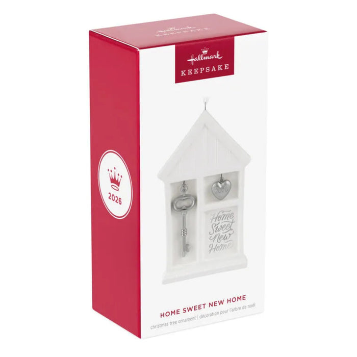 Hallmark Home Sweet New Home ornament set in packaging with red and white design.