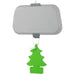 Car air freshener shaped like a green tree hanging from a gray visor clip on a white background