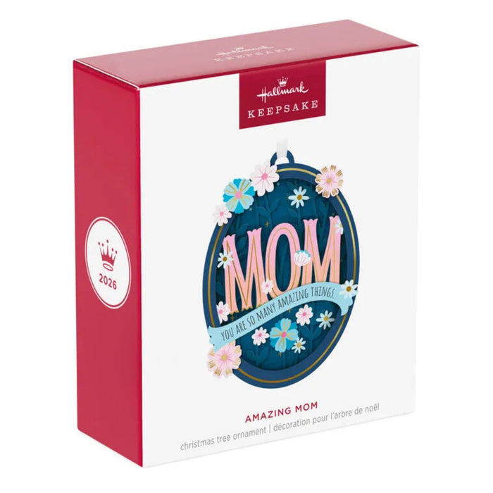 Hallmark Christmas ornament packaging for 'Mom' with floral design on a white background