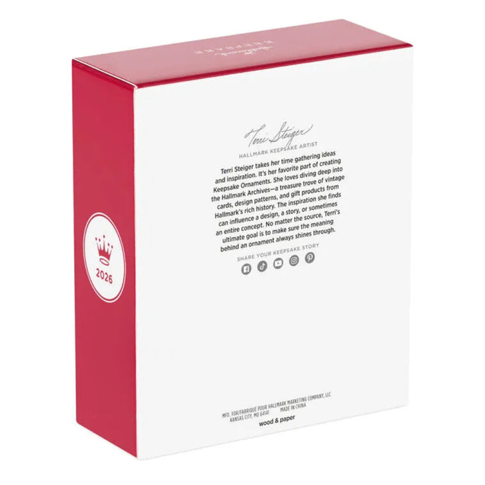 Hallmark ornament packaging with red and white design