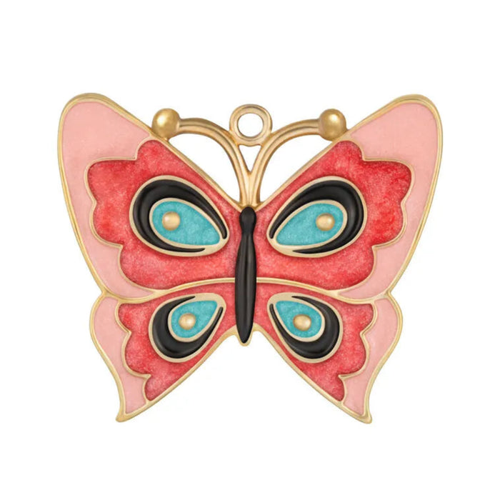 Butterfly-shaped ornament  with red, blue, and gold colors on a white background
