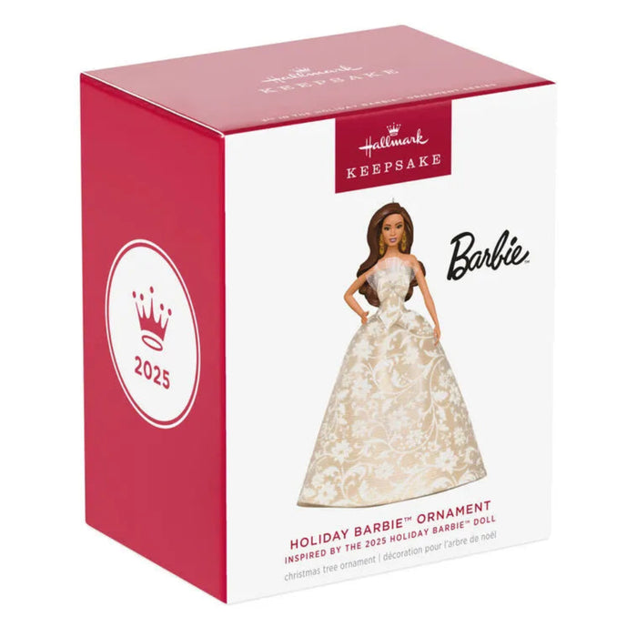  Latina Hallmark Keepsake 2025 Holiday Barbie Ornament packaging with Barbie doll image.