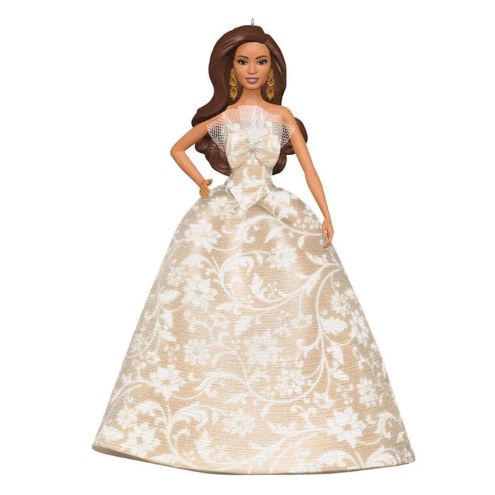  Latina Barbie doll in a white floral gown on a white background