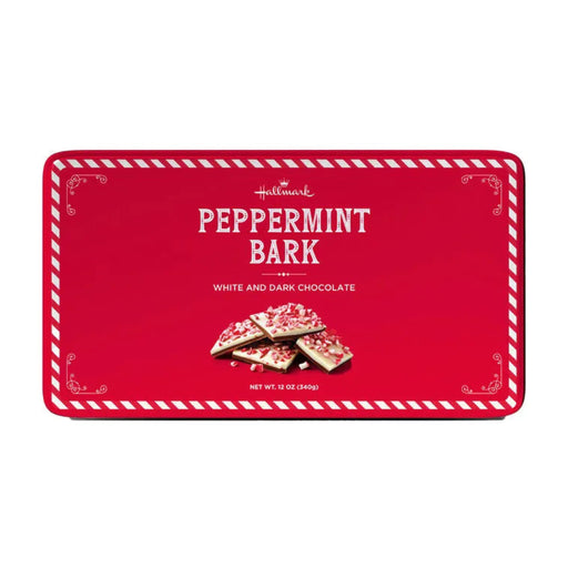 Red packaging of Hallmark Peppermint Bark with white and dark chocolate on a white background