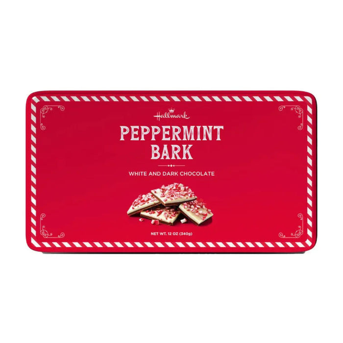 Red packaging of Hallmark Peppermint Bark with white and dark chocolate on a white background