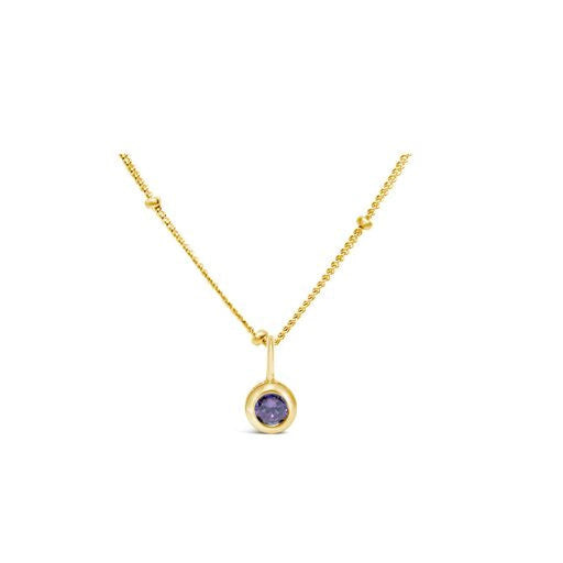 A gold necklace featuring a prominent purple stone at its center, elegantly designed for a sophisticated look.