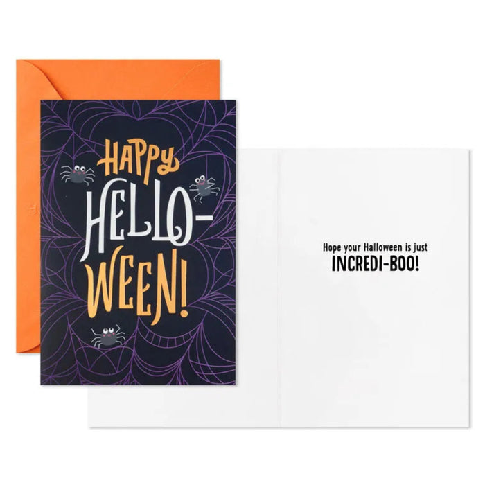 Halloween-themed card with spider webs and text, featuring an orange envelope.