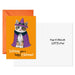 Halloween card with a cat in a witch costume on an orange background