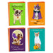 Four Halloween-themed greeting cards with dogs and cats in costumes on a white background.