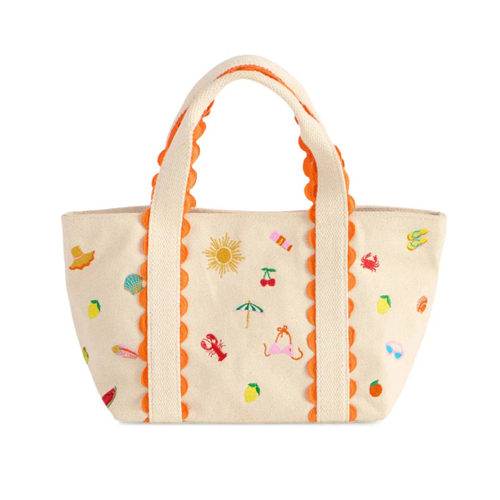 This Shiraleah Summer Icons Mini Tote in Natural features playful summer-themed artwork on a natural woven base. 