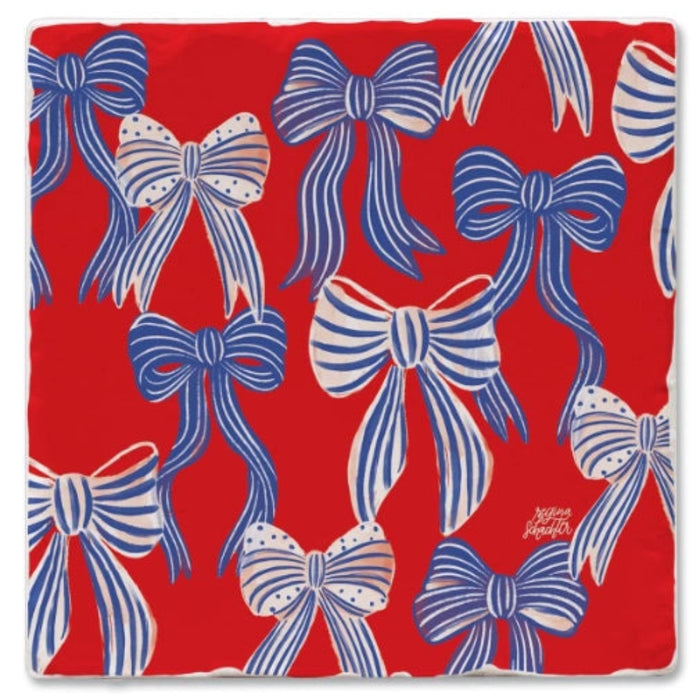 Celebrate American pride with the Highland Americana Bows Single Tumbled Tile Coaster.