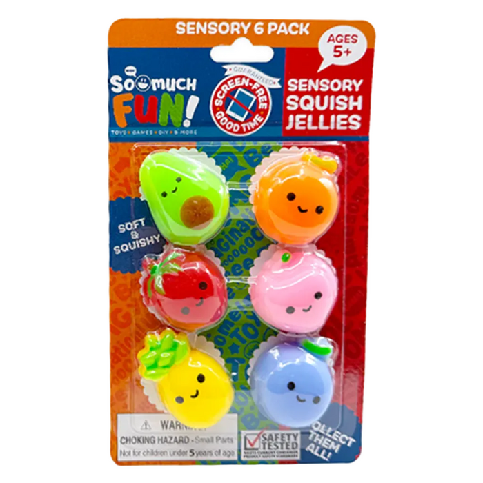 Packaged sensory squish jellies with colorful designs on a white background