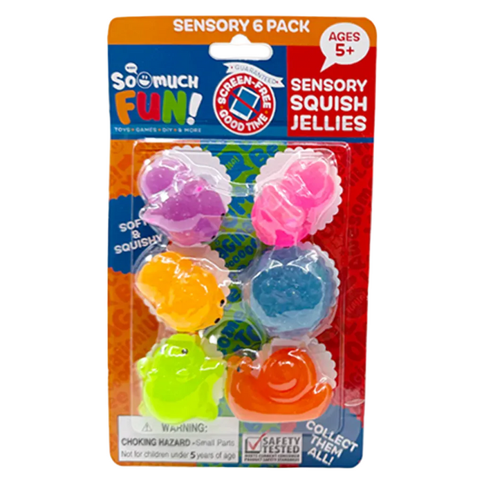 Packaged sensory squish jellies with colorful designs on a white background