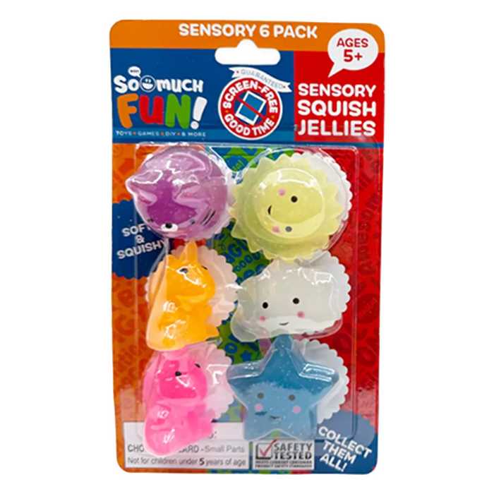 Packaged sensory squish jellies with colorful designs on a white background