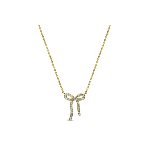 A diamond bow necklace featuring a delicate gold chain, elegantly showcasing its sparkling design.