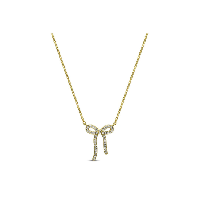 A diamond bow necklace featuring a delicate gold chain, elegantly showcasing its sparkling design.