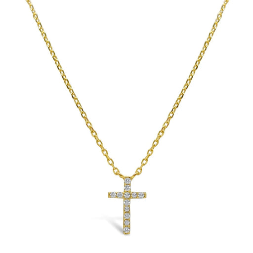A gold cross necklace adorned with sparkling diamonds, showcasing elegance and luxury.