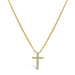 A gold cross necklace adorned with sparkling diamonds, showcasing elegance and luxury.